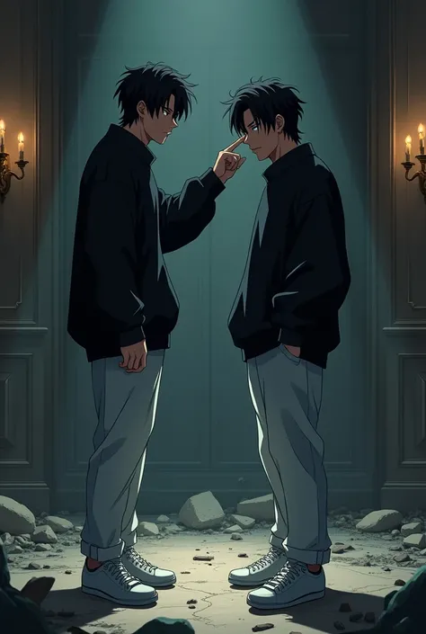 The image is anime style with shadows and dim lights, anime style although somewhat adult and dark, It shows a 2 adult man who has black eyes and medium-long black hair as well., He is pointing at his head with his finger in the middle of a destroyed luxur...