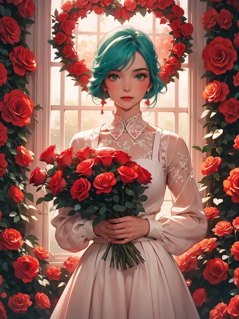 the image depicts a person holding a large, heart-shaped arrangement of red roses against a teal background. the individual is w...