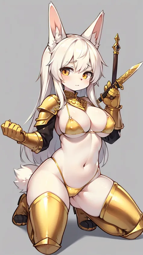 Busty female bunny，Fluffy white hair. Wearing simple and stylish golden bikini armor. . Holding a dagger，Kneeling and squatting，Full body portrait，The ears should be shown complete