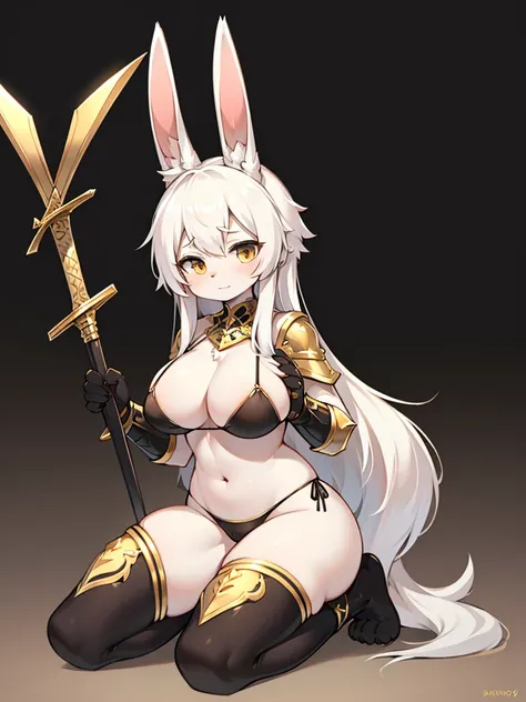 Busty female bunny，Fluffy white hair. Wearing a simple and stylish black and gold bikini armor. . Holding a short sword，Kneeling and squatting，Full body portrait，