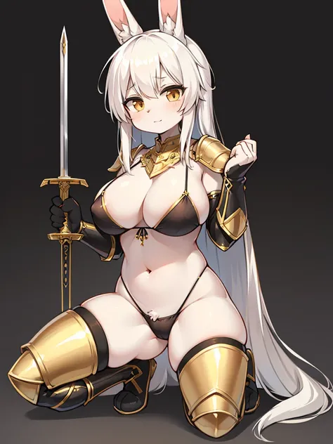 Busty female bunny，Fluffy white hair. Wearing a simple and stylish black and gold bikini armor. . Holding a short sword，Kneeling and squatting，Full body portrait，