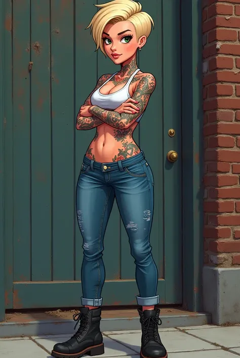 A heterosexual blonde girl with pixie short hair and big breasts and full body tattoos. very feminine, small waist, wide hips with her arms crossed standing, sports bra, blue jeans ankle boots, curvy  cartoon style
brick Wall Street