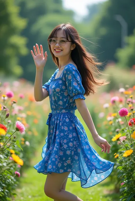 japanese girl,25 yo, waving brown long hair,BLUE patterns dress,white snakers,sunglass oakley,garden with flower ,HD
