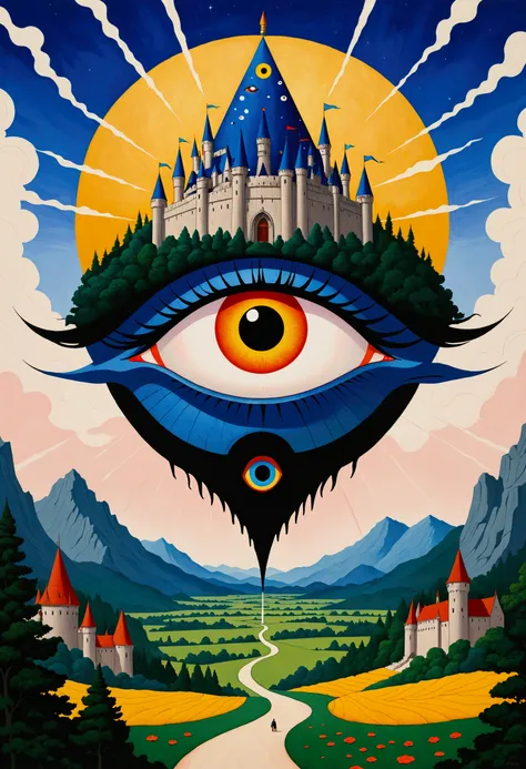 There is a big eye in the painting,There is a castle in the background, Surrealism inspired by Nagai Hiroshi, Winner of the Behance competition, Minimalism, Portrait of a mysterious giant eye, All-Seeing Eye, Third Eye Vision, Fred Tomaselli, Paul Lafley, ...