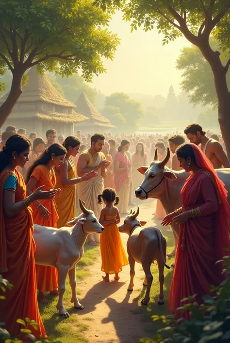 Public, Gopis, gvalas and newborn lord krishna with cows in gokul