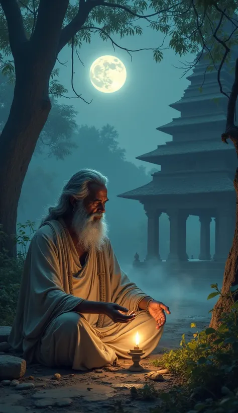 "An ancient Indian sage (Rishi Bhrigu) in traditional ascetic attire performing a sacred ritual on Aja Ekadashi night in a mystical forest. The scene is illuminated by a divine light emanating from a glowing moon. Surrounding the sage are subtle, ethereal ...