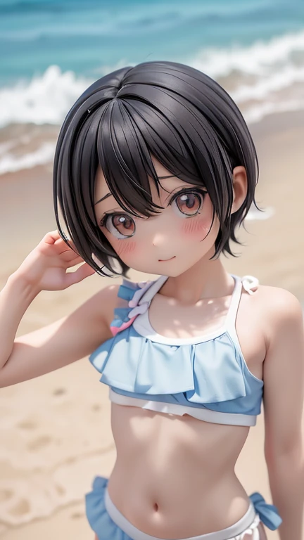 Swimwear、セパレートSwimwear、bikini、Girl、Girl、Mini character、Primary school students、small、Black Hair,、Short Hair、The forehead is visible、Forehead、whole body、
