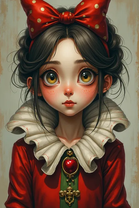 Draw a full-body portrait of the queen of hearts in Alice in Wonderland to capture a moment of deep contemplation. Your expression should be a mixture of curiosity and a touch of uneasiness., as if she were deeply questioning reality and her place in it. Y...