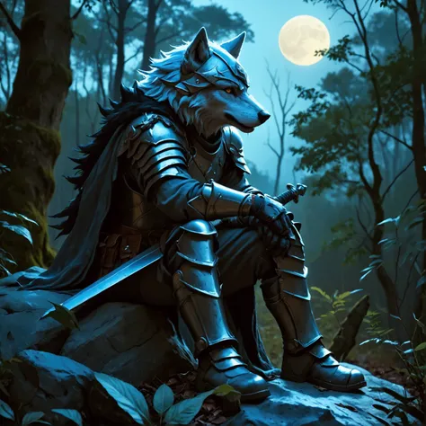 a lone warrior, wearing a wolf-headed helmet, crouching on a rock in a dark and gloomy forest, moonlight barely penetrating the treetops, holding a large sword with both hands, resting on the rock, gaze lost in the night, alert to any movement in the shado...