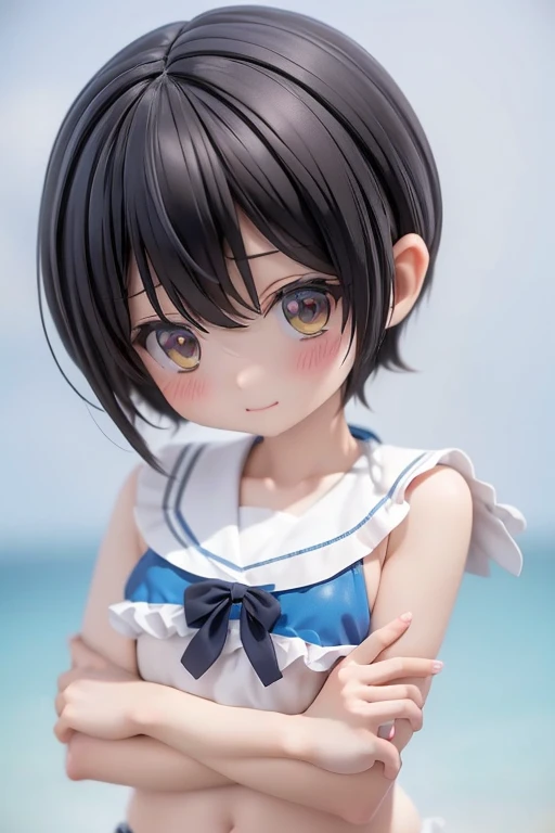 Swimwear、セパレートSwimwear、bikini、Primary school students、Girl、Girl、、Mini character、small、Primary school students、slender、Slender、Black Hair、Black Hair,、Short Hair、The forehead is visible、Forehead、whole body、