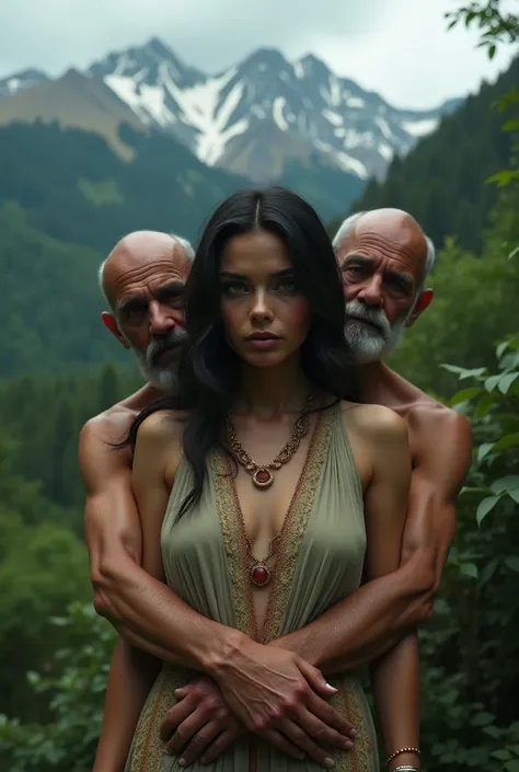 A stunning kashmirian girl, detailed beautiful face, piercing eyes, delicate features, partially nude, two elderly naked men standing behind her, firmly grasping her breasts, lush jungle landscape, snow-capped mountains in the background, dramatic lighting...