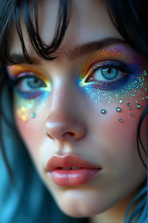 Blue eyes with rainbow glitter diamond makeup 