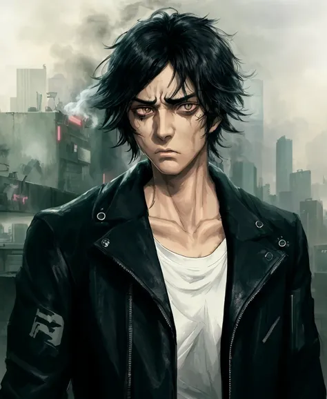 black hair, dark eyes, serious face, detective, black jacket, white t-shirt, smoke, cyberpunk city, hd, highres