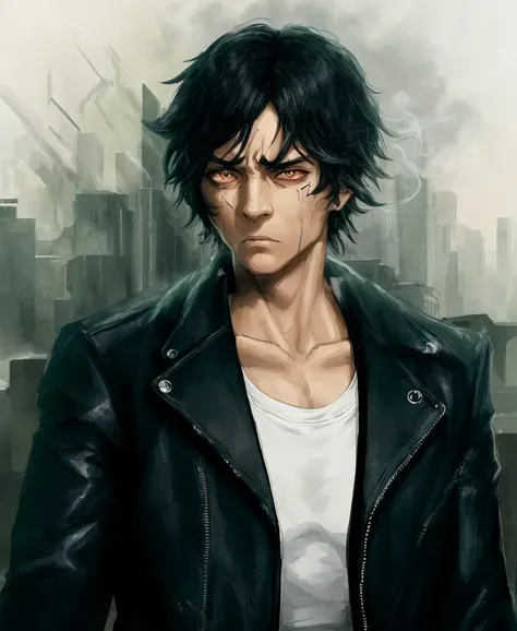 black hair, dark eyes, serious face, detective, black jacket, white t-shirt, smoke, cyberpunk city, hd, highres