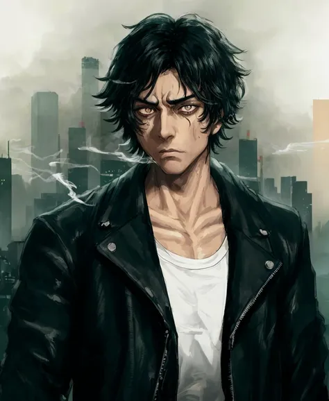 black hair, dark eyes, serious face, detective, black jacket, white t-shirt, smoke, cyberpunk city, hd, highres