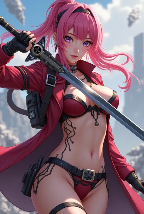 (hair swept bangs:1.3), (brown hair:1.3), a woman with pink hair and a long coat holding a sword, from girls frontline, girls frontline style, fine details. girls frontline, from arknights, bikini + tattered military gear, girls frontline cg, mechanized so...