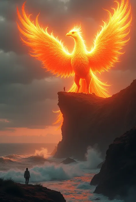 a gigantic phoenix standing at the top of a sea cliff, a tiny human looking up to the phoenix from far away, phoenix is illuminating brightly from his fiery body, camera view from below, back shot, very bright lighting