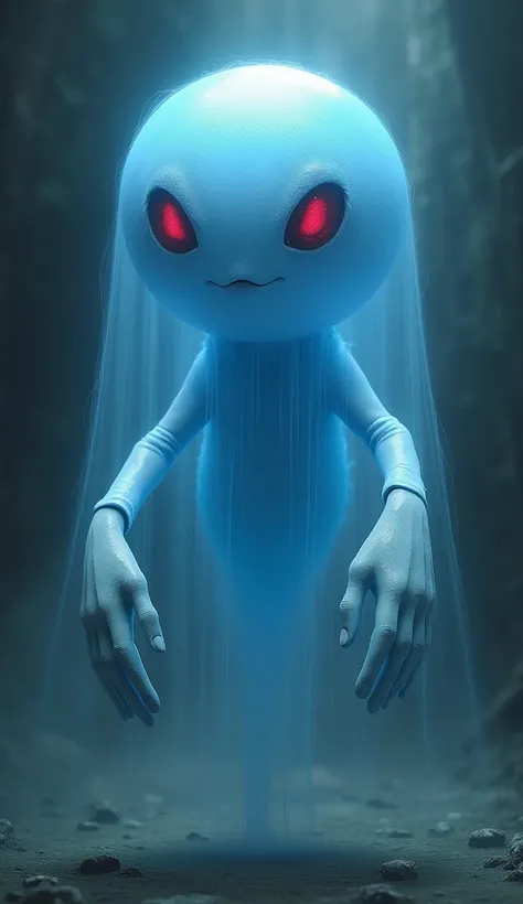 Dusclops, A blue alien floating, ele parece um fantasma. He wears white gloves on his hands