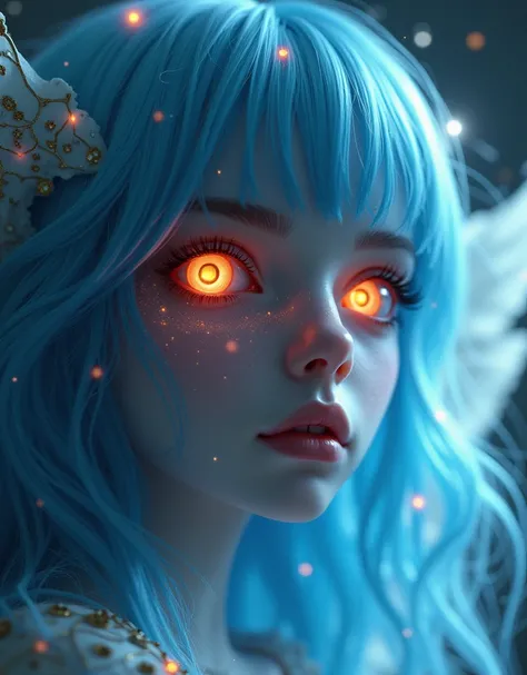 Cosmic Fallen Angel, glowing  eyes, Delicate and beautiful face，Bigchest，Biomechanical, eerie, Dream-like, Very bright colors, Light particles, with light glowing, Mshiv, wallpaper art, UHD wallpaper,sky hair color