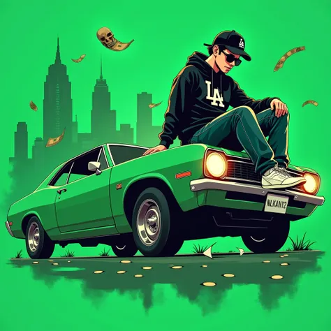 Image of a man sitting on the bonnet of a car, Yoshihiko Wada&#39;s album cover, winner of the behance contest, Doodle, official artwork, rap album cover, hip - hop album art cover, colored album art, hip hop music album cover, rap album cover art, officia...