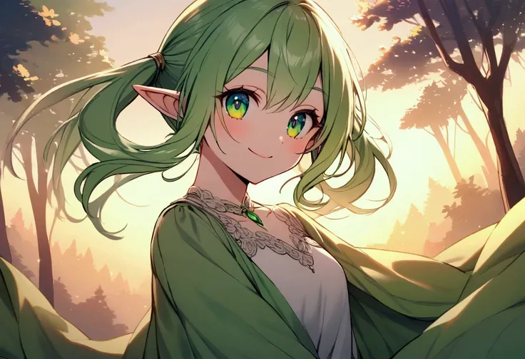 forest elf girl, long pastel green hair, green cloths, emerald eyes, pigtails,smiling, twilight atmosphere,background of Beautiful detailed forest,