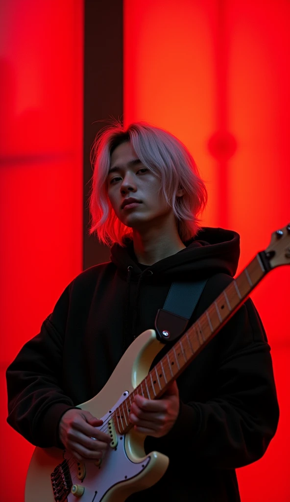 20 year old Japanese male teenager with long light hair and wearing a black hoodie playing guitar,HD,4k,realistic,afternoon,Full Body Angle, Red background, face looking at the camera with a flat expression and a cold gaze and head pose slightly tilted upw...