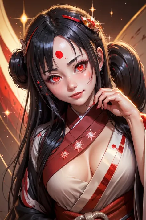 A masterpiece of the highest quality, AkagiV5, 1 girl, One, black hair, japanese clothing, kimono, long hair, I look at the viewer, ((Red eyes)), smile, sparkling eyes, hands on your own face, blood on the face, ((blood swirl)), (yandere:1.4), (sparkling e...