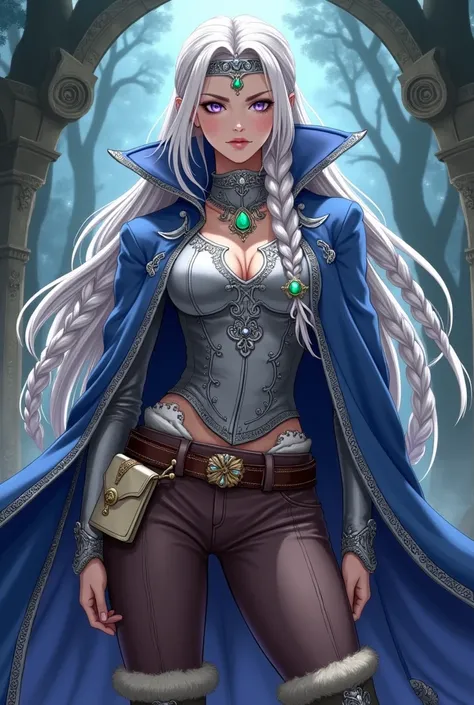 Lavender eyes. Magician People Woman, with long braided white hair.  Blue cape decorated with silver embroidery. White blouse, silver breastplate and brown trousers as well as fur-trimmed boots. Silver collar with emerald and silver headband with emerald B...