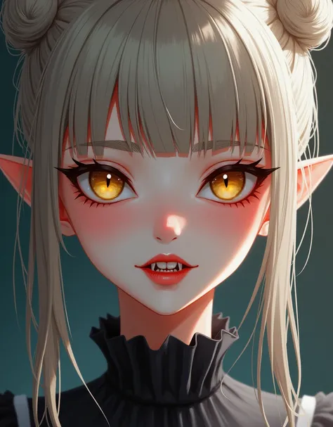 1girl, fair skin, pretty face, blush, yellow eyes, feline eyes, thin slit-shaped irises, wide mouth, pointed canines, longer canines, vampiric appearance, ash blonde hair, two buns, while straight bangs, two chin-length side bangs frame her face