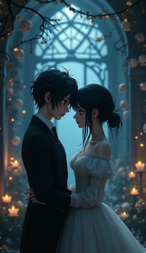 (A straight anime couple: 1.5, Dark Style, big eyes, Small, Spongy black hair), (Dark Gothic, Victorian Gothic Steampunk), dark, dark环境，Decorated with skulls，32K, fairy tale: 1.4, Lens switching: 1.4, ((Dreamy atmosphere, Soft lights and magic:1.3)), ((Ima...