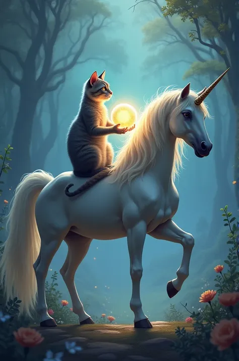 A cat on top of a unicorn holding a ball of light