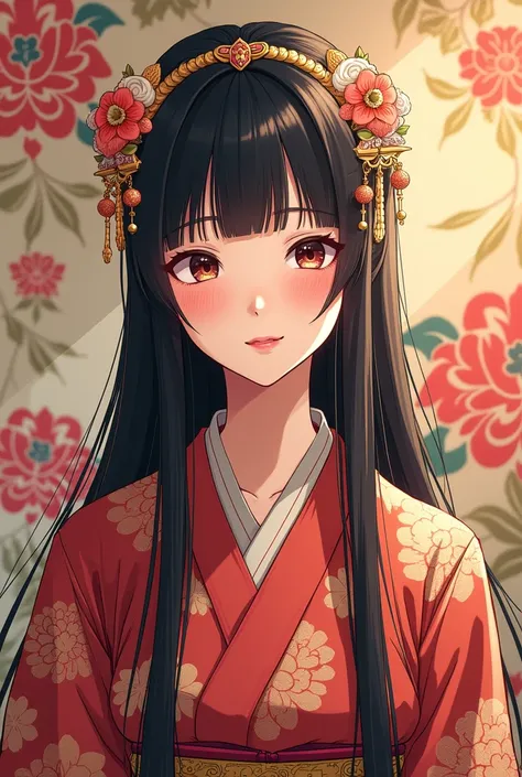 (Flat Color:1.1),(masterpiece:1.2), Highest quality, masterpiece, original,Black and long straight hair,Mature Woman, Highly detailed wallpaper, View your viewers,One person,alone,Wearing a headpiece,A look of embarrassed laughter, Traditional Japanese Kim...