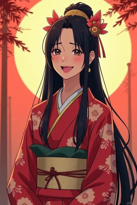 (Flat Color:1.1),(masterpiece:1.2), Highest quality, masterpiece, original,Black and long straight hair,Mature Woman, Highly detailed wallpaper, View your viewers,One person,alone,Wearing a headpiece,A look of embarrassed laughter, Traditional Japanese Kim...