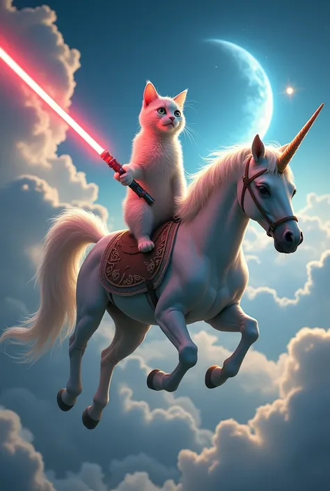 A cat on top of a flying unicorn holding a lightsaber