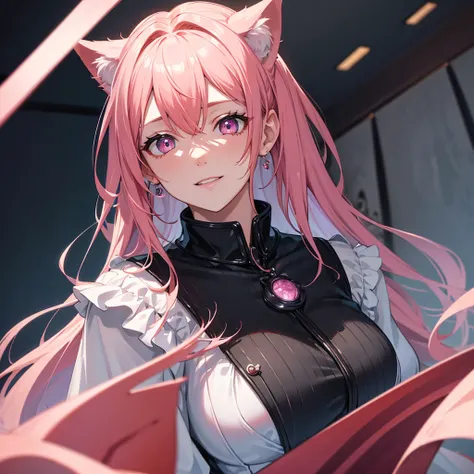 a tall woman with pink hair looking down, detailed face with crazy eyes, yandere expression, home interior background, holding collar, perspective from below looking down at viewer, grinning with cat ears and heart-shaped pupils, best quality, 4k, 8k, high...