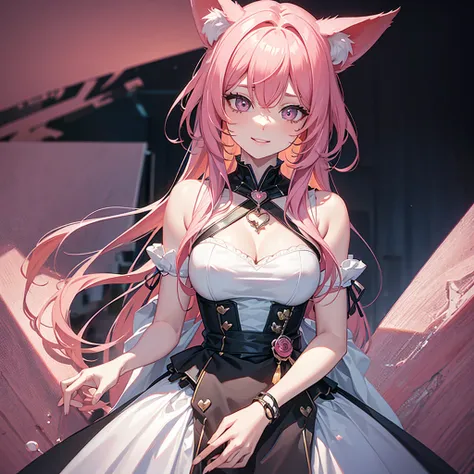 a tall woman with pink hair looking down, detailed face with crazy eyes, yandere expression, home interior background, holding collar, perspective from below looking down at viewer, grinning with cat ears and heart-shaped pupils, best quality, 4k, 8k, high...