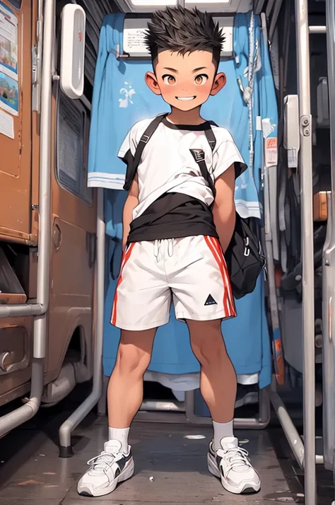 (Shota:1.5),(((Highest quality))),(((masterpiece))),(((Very detailed))),(((High resolution))),One person,Short sleeveＴshirt,Short shorts,White socks,Blue sneakers,Cheerful boy,Japanese,Buzz Cut,(((Spiked Hair))),Black Hair,(Point pupils),Skinny body,Baby F...