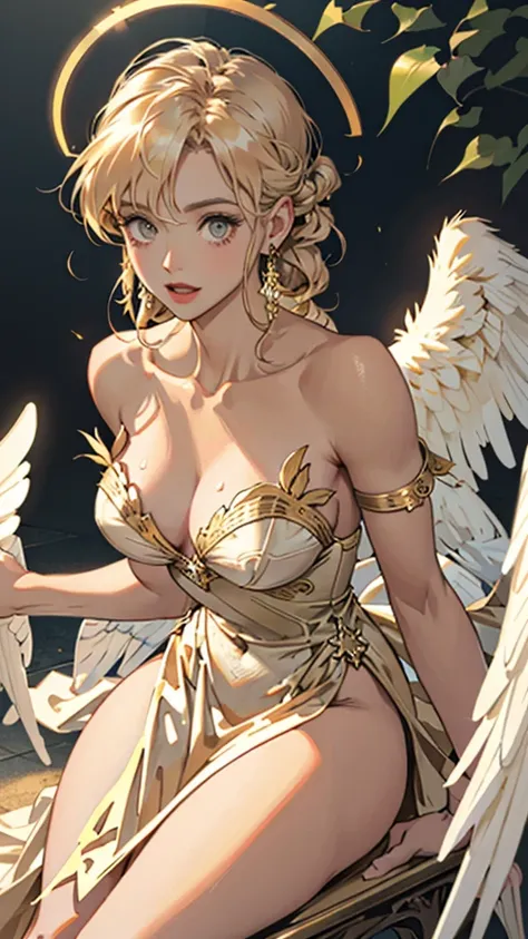 Very beautiful woman angel、Big Wings、 Angel Halo、 Ancient Greek golden dress、 Realistic、Face reality、and、Sexy smile、Small breasts、Sexy pose、