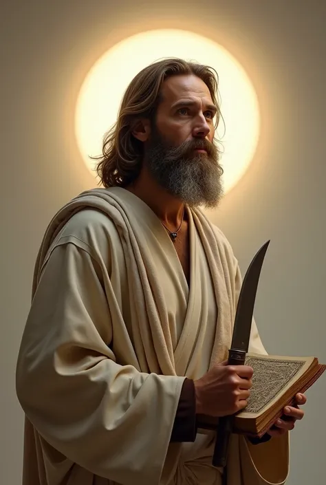 PICTURE REALISTIC, cinematic, high resolution of a holy man with a beard, short brown and gray hair, wearing a tunic like Jesus&#39;. Holds a medium knife with a curved blade in one hand, in another a holy book. The man has a halo