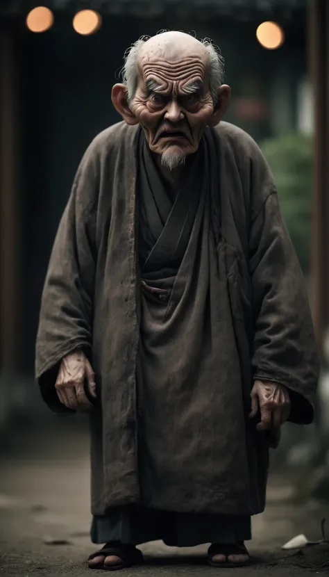 Full Body Shot、Horror-themed movie stills,Scary big-headed old man,（Head size 1:４) (Full body portrait:1.3), (Detailed old man evil face:1.4), Wearing loose Japanese clothing, Shallow depth of field, Vignette, Very detailed, High budget, Bokeh, CinemaScope...