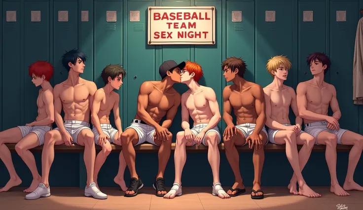 Boys of different skin tones and hair colors, they are baseball players. They are in the locker room changing. Some of them are already naked. There is a bench right in the center where two boys are sitting and kissing. One of the boys has his baseball uni...