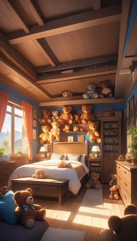 One girl, Having a teddy bear, Cute teddy bear, Lots of teddy bears,  Moving happily, Cute room, ((32K)), ((best quality)), ((ultra high res)), ((HDR)), ((uhd)), ((extremely detailed CG)), ((unity 32K wallpaper)), (((illustration))), 