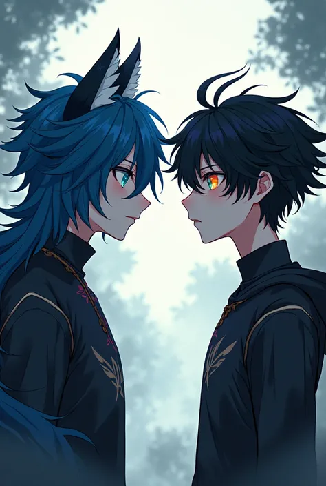 The boy on the right has black hair with dark purple and has one orange eye and the other blue eye and is short and the boy on the left has blue hair with black , wolf ears with tail , with green eyes and be tall  