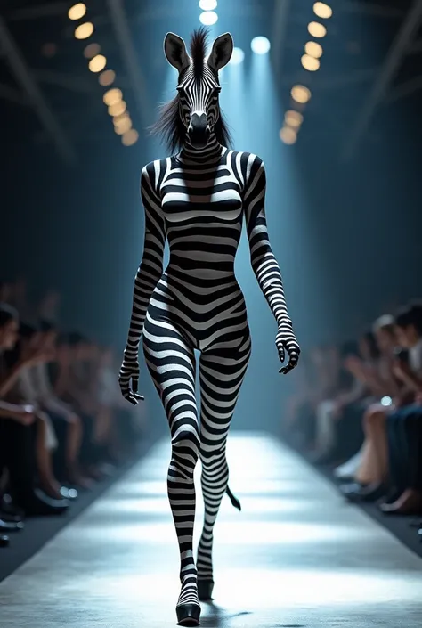 A beautiful zebra wearing (tight mini dress), (shooting sleeve) , cloth walking down the runaway at a fashion show
