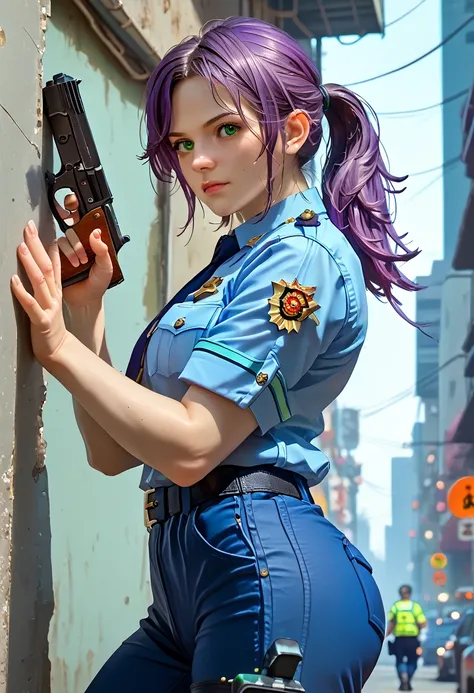 ((masterpiece)), ((best quality)), ((a high resolution)), 1 girl, one, police officer, (подходящие trousers, trousers), city bac...