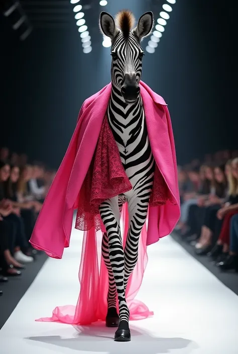 A beautiful zebra wearing pink and red cloth walking down the runaway at a fashion show