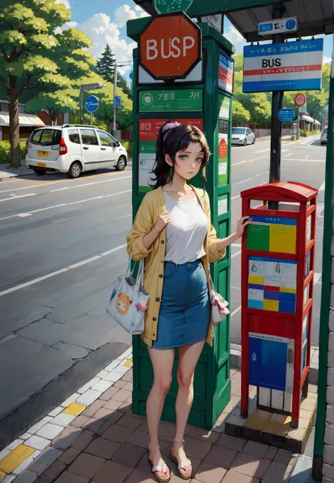 realistic anime illustration of pretty young woman is waiting at bus stop sign, looking at viewer, front view, she has black ponytail, wearing pastel yellow cardigan, t-shirt, denim pencil midi skirt, and white tote bag, (1girl, solo, full body), (masterpi...