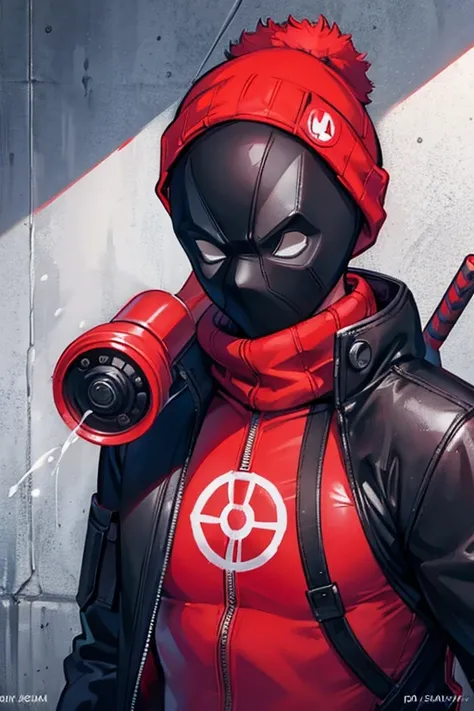 Deadpool in a coat with a beanie spray painting graffiti on a wall