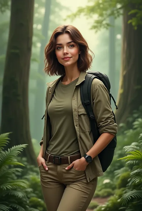 A realistic portrait of a young brunette woman in her twenties, in the middle of a dense, green forest. Her shoulder-length, slightly wavy hair falls freely around her face, with a few strands slightly mussed by the cool forest air. She wears a casual hiki...