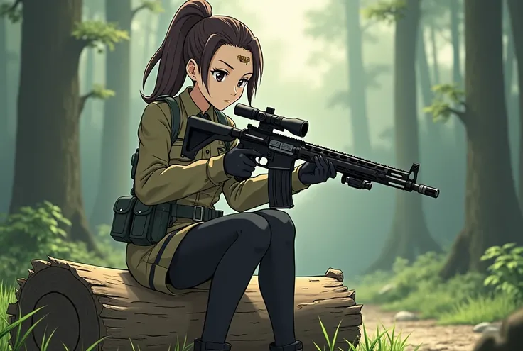 (ponytail forehead hair pulled back:1.3), anime style, girl in uniform holding a rifle sitting on a log, from girls frontline, fine details. girls frontline, anya from spy x family, girls frontline universe, girls frontline style, girls frontline, girls fr...